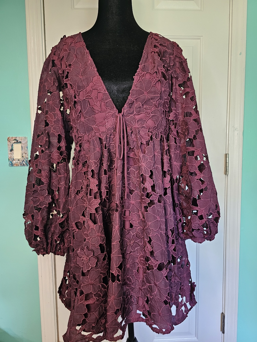 Altar'd State Plum Floral Lace Deep Plunge V-Neck Mini Dress Size L NWT